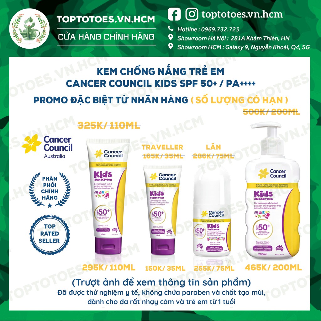 Kem chống nắng Trẻ em Cancer Council Kids SPF 50+/ PA ++++