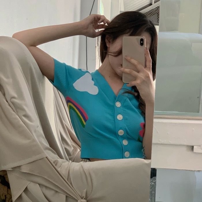 Áo croptop ZHELIHANGFEI tay ngắn cổ V thêu hoa thời trang mùa hè 2022 cho nữ