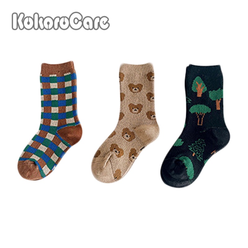 Set 3 đôi vớ cotton KOKOROCARE MSW-44 cổ vừa hình gấu nâu và cây xanh thời trang mùa thu 2022 cho bé 1-12 tuổi