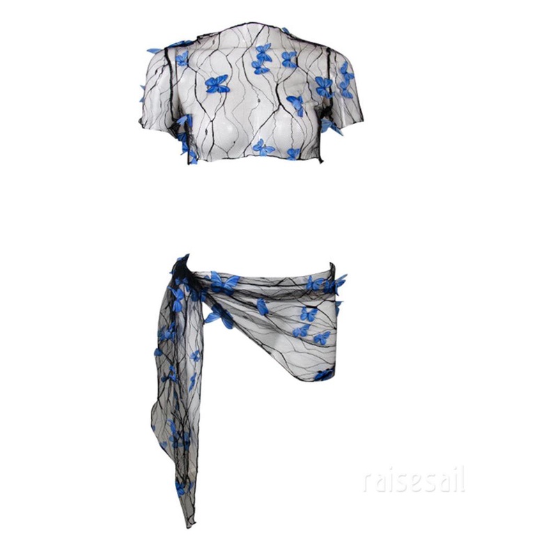 Rs-Phụ Nữ Bikini Bursuit Lưới Vải Trong Suốt Stereo Bướm Trang Trí Ngắn Tay Áo Crop Top Ren-Up Sarong