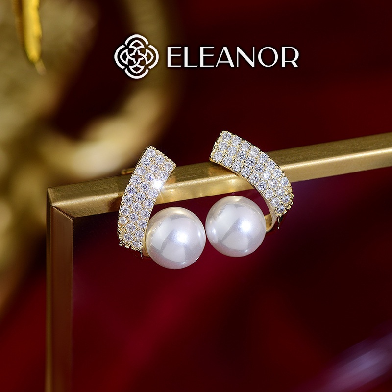 Bông tai cô dâu nữ chuôi bạc 925 Eleanor Accessories ngọc trai nhân tạo viền cung đính đá phụ kiện trang sức 4730