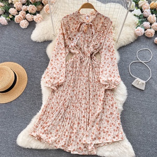 #1903 [Order] Đầm hoa tay dài thắt nơ cổ chất voan họa tiết hoa phong cách Hàn Quốc 10 màu