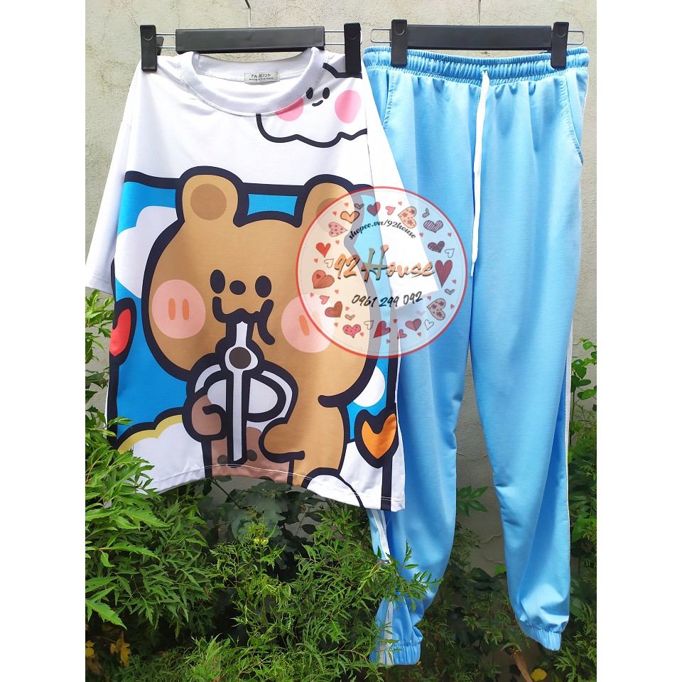 Đồ bộ hoạt hình quần jogger hai sọc gấu nâu dành cho nam nữ