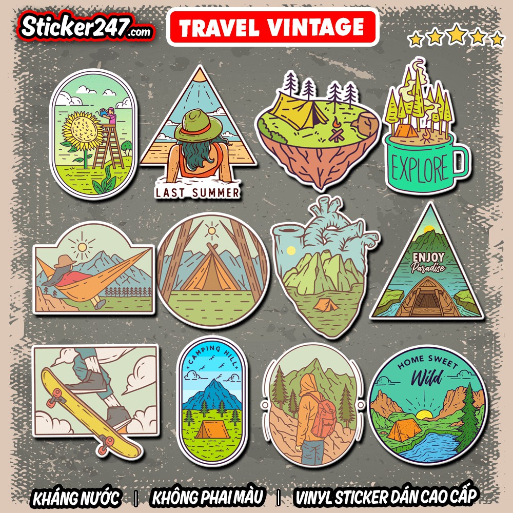 Sticker Travel Vintage 𝑭𝒓𝒆𝒆𝒔𝒉𝒊𝒑 chống nước, sticker dán laptop, điện thoại, đàn guitar, mũ bảo hiểm, vali, ipad