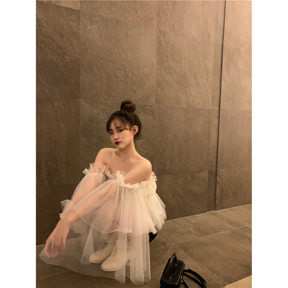 Áo cánh tiên trễ vai voan ống tay xòe dễ thương mùa hè 2021