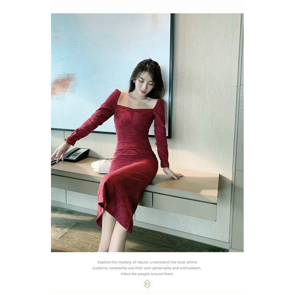 HÀNG QC - ĐẦM BODY THUN CỔ VUÔNG TAY DÀI MÀU ĐỎ QUYẾN RŨ - MH726