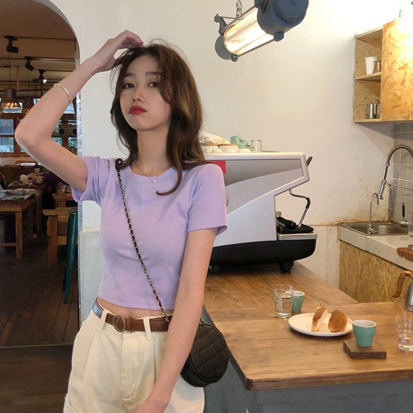 Áo thun croptop tay ngắn cổ tròn màu trơn phom ôm ULZZANG HÀN QUỐC BS14