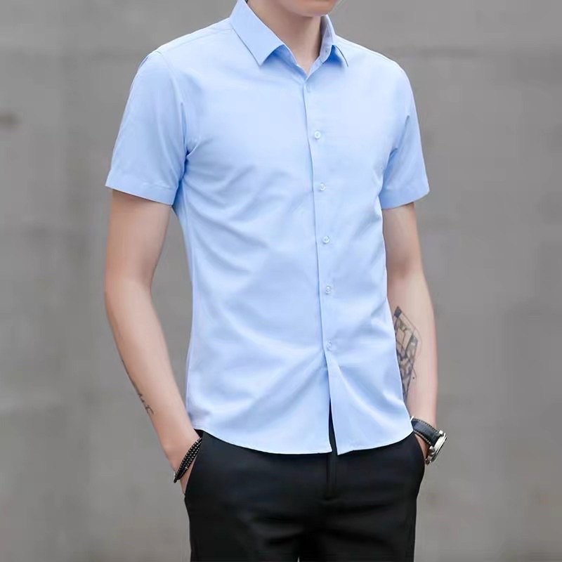 Áo Sơ Mi Nam Ngắn Tay Vải Lụa Mềm Mịn Sơ Mi Nam Cộc Tay Công Sở Dáng Ôm Trẻ Trung