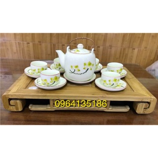 Bộ ấm chén vại quai đồng vẽ sen gốm sứ Bát Tràng
