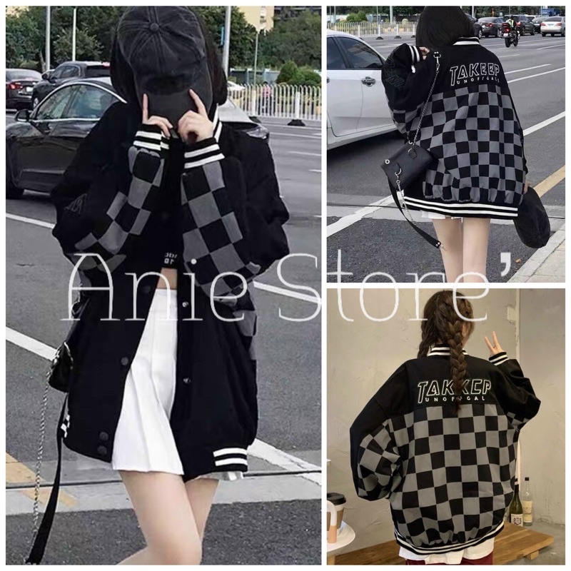 Áo Khoác Bomber Nỉ TAKEEP 🦋 Áo Bóng Chày Unisex Dáng Rộng Caro 🦋