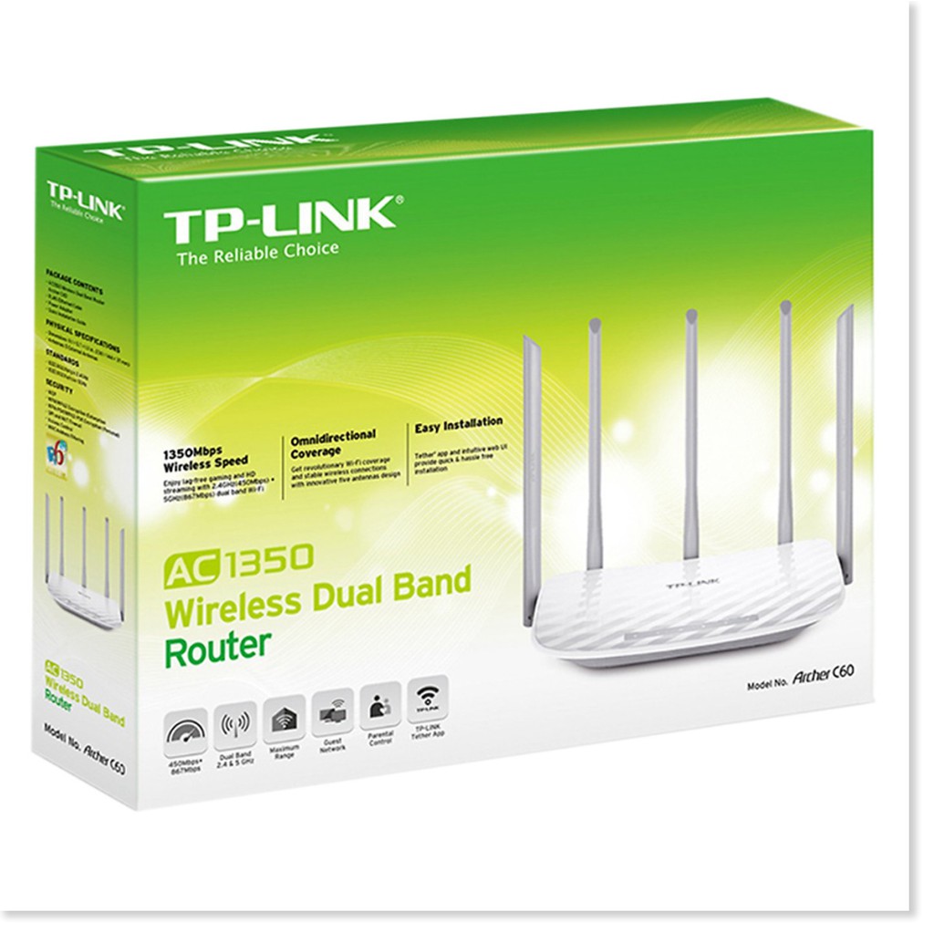 Bộ Phát Wifi TP-Link Archer C60 AC1350 - Router Wifi B/G/N/Ac 2.4ghz/5ghz Băng Tần Kép - Hàng Chính Hãng