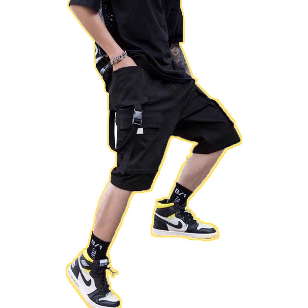 ⚡️ VẢI ĐẸP - ẢNH THẬT ⚡️ Quần short Túi Hộp Pant phản quang phối dây Unisex, QUẦN ĐÙI LỮNG NAM NỮ CHẤT KAKI ĐEN M01