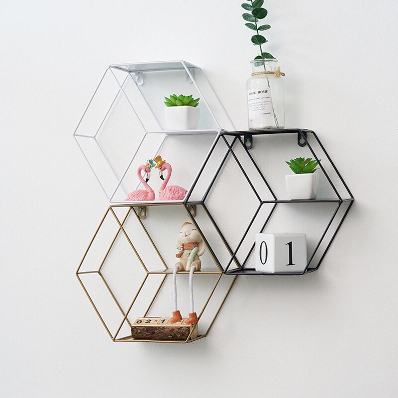 Kệ lục giác sắt treo tường TẶNG kèm bộ treo tường và dây đèn