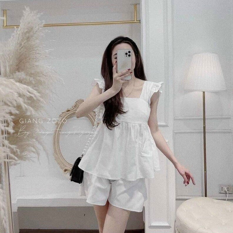 Set babydoll cho nữ mặc nhà, mặc đi chơi, áo form rộng, tay cánh tiên, quần short, vải kate, màu tôn da, dễ thương