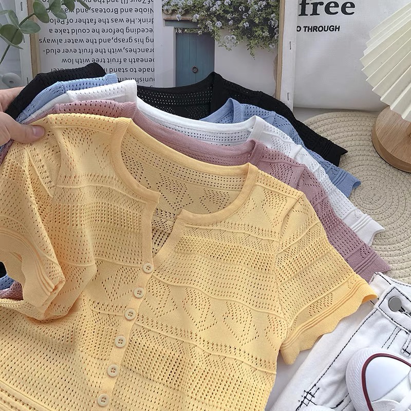 Áo len mongtoghi nữ croptop tay ngắn dệt kim họa tiết kiểu cổ V thời trang phong cách hàng Quảng Châu cao cấp