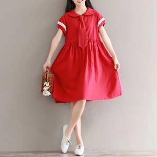 Đầm babydoll đỏ thắt cà vạt