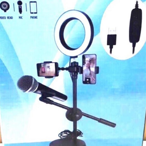 Đèn livestream 4in1 để bàn có chân đỡ micro livestream 2 kẹp điện thoại - bộ giá đỡ điện thoại livestream 4in1