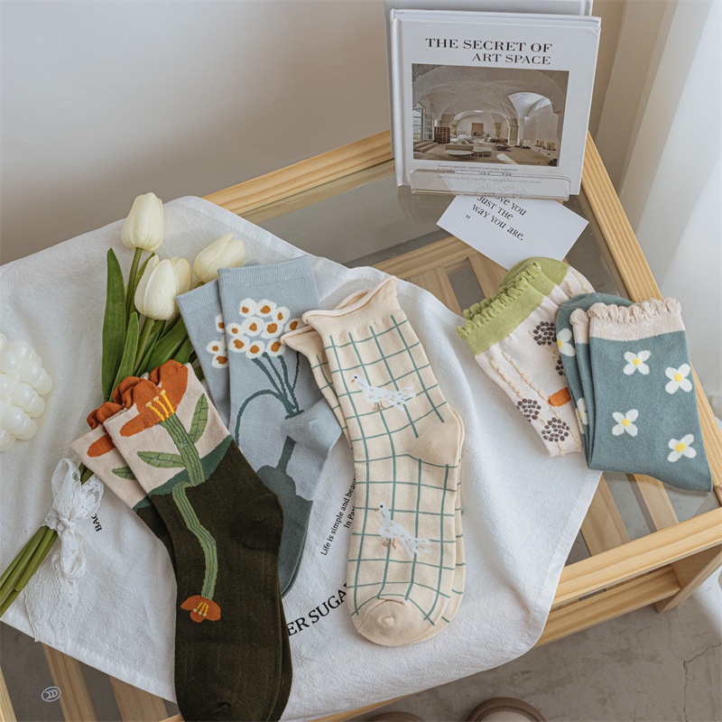 Vớ Cotton Mỏng Họa Tiết Hoa Xinh Xắn Thời Trang Mùa Xuân Cho Nữ