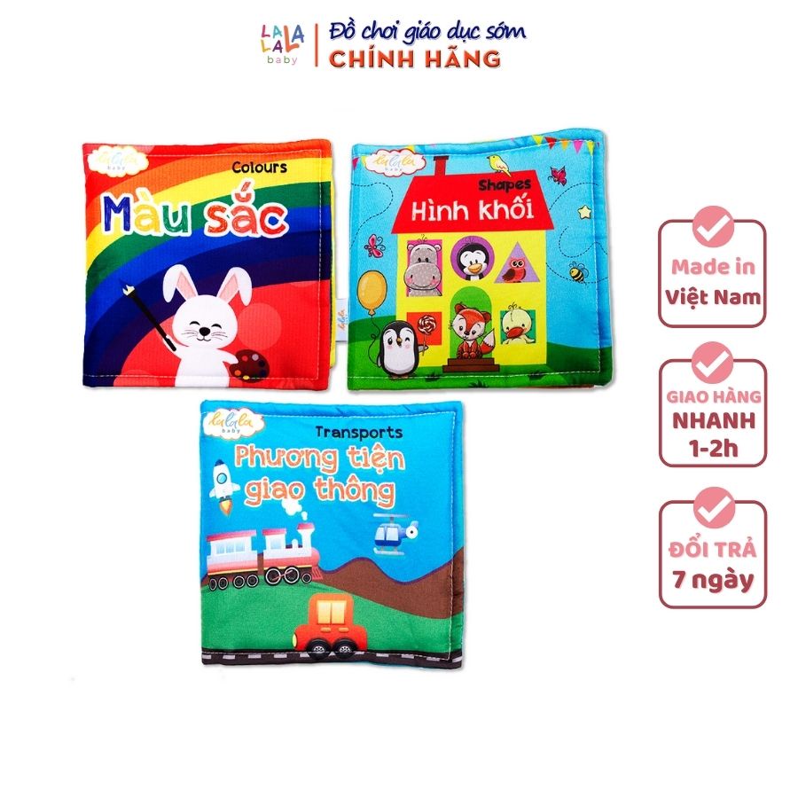 Combo 3 cuốn sách vải Lalala Baby kích thích đa giác quan, kích thước 15x15cm 12 trang (Màu sắc, Hình khối, PTGT)