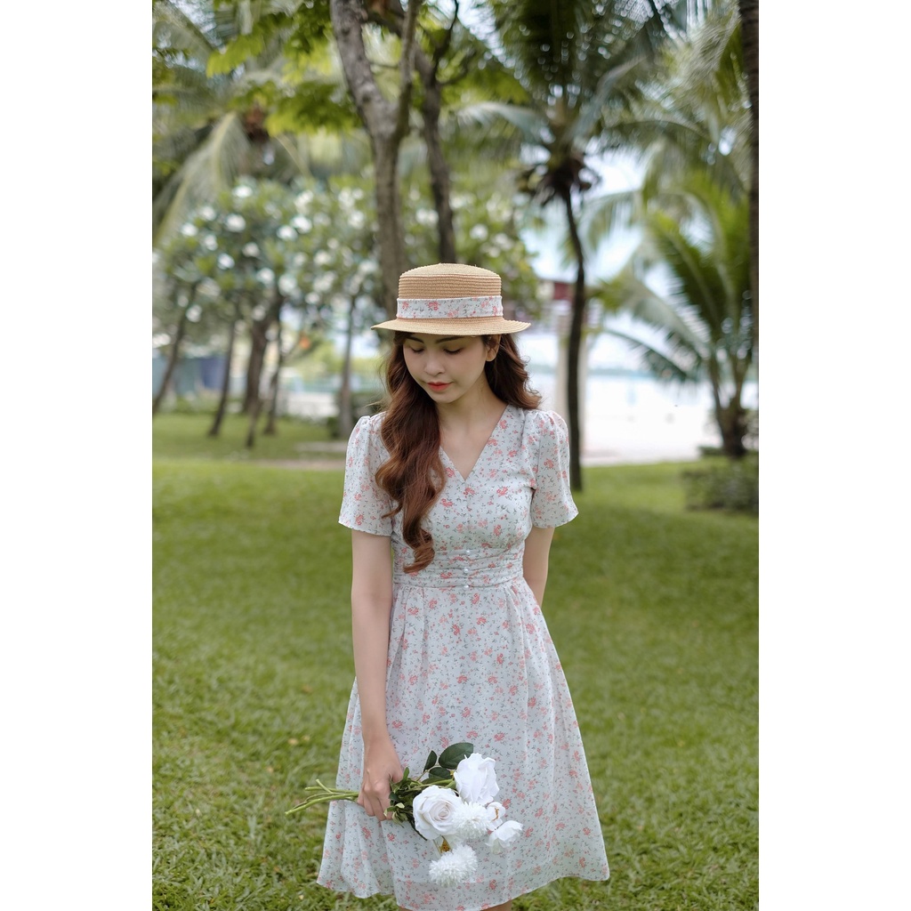 Đầm voan hoa nhí, xếp eo cúc ngọc SOPHIE BLUE nhẹ nhàng xinh xắn
