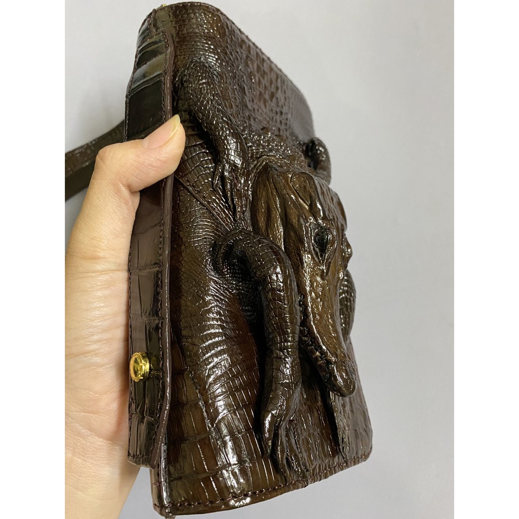 VÍ CẦM TAY NGUYÊN CON CÁ SẤU THẬT 100% 2 DÂY KÉO 22X12CM