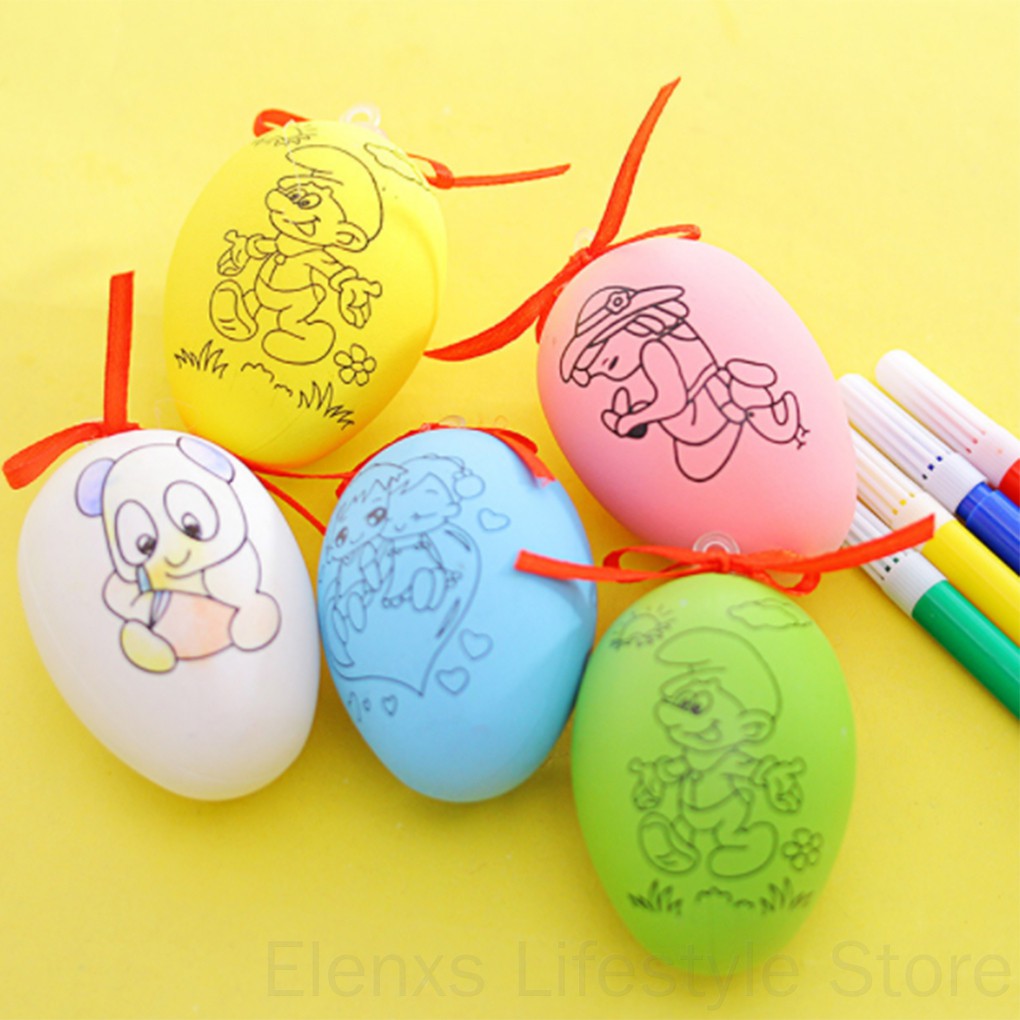 Easter Gift Plastic DIY Painting Egg Toy Party Favors with 4 Drawing Pens Ornament Random Color ELEN