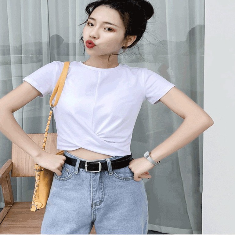 Áo croptop nữ tay ngắn cổ tròn dáng ôm body xoắn bụng cách điệu phong các Hàn Quốc PAI UNISEX