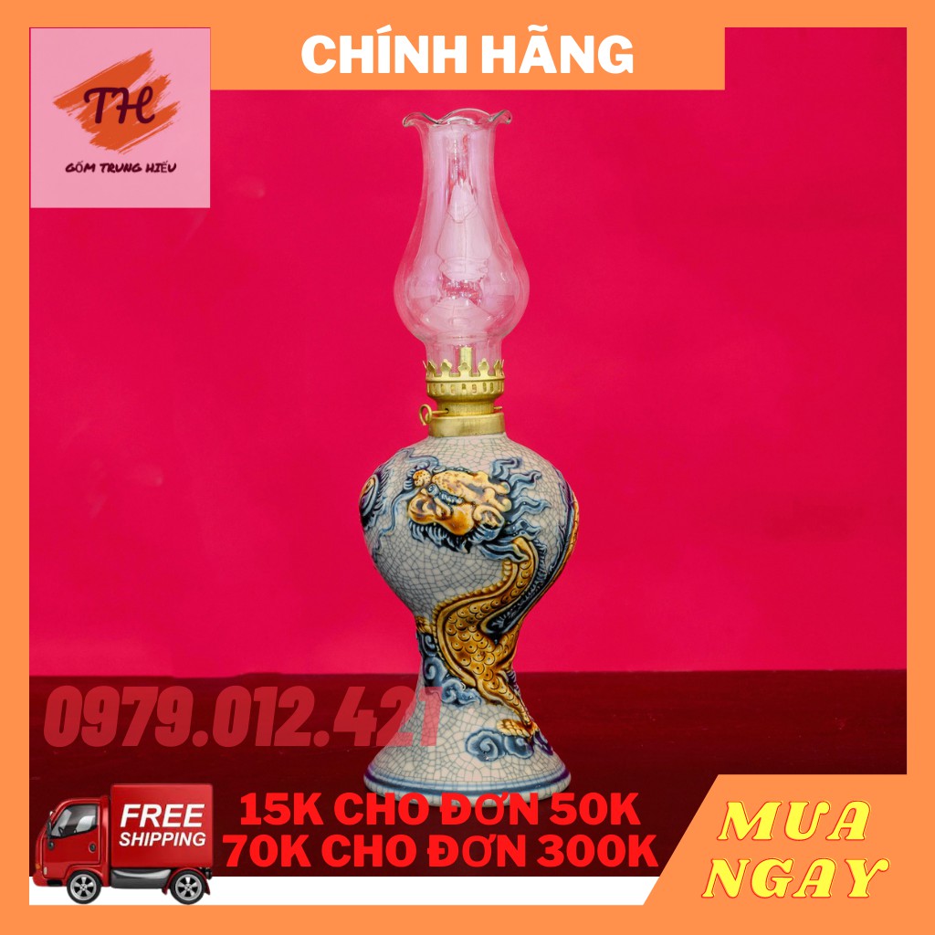 Đèn dầu Bát Tràng men rạn đắp nổi
