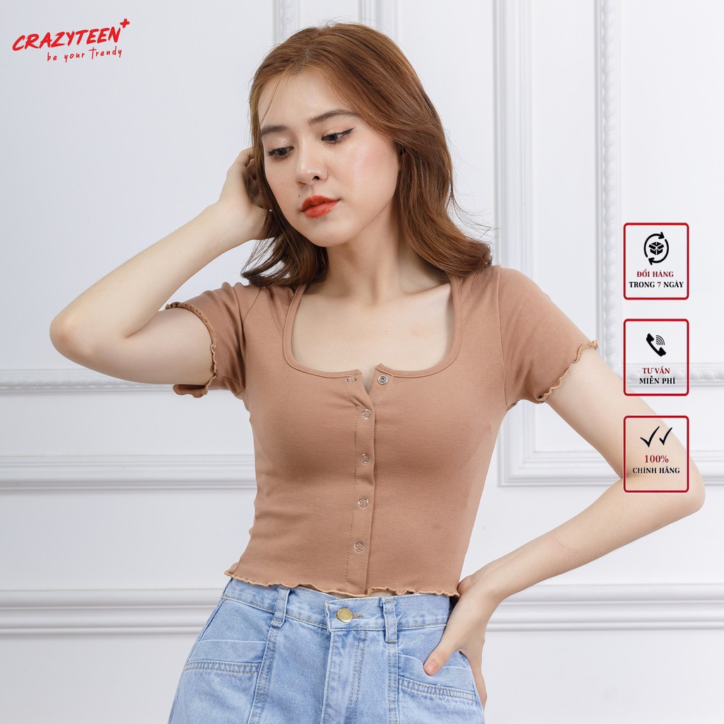 Áo croptop nữ kiểu dáng ôm CRAZYTEEN thun ngắn tay nút bấm AT0116