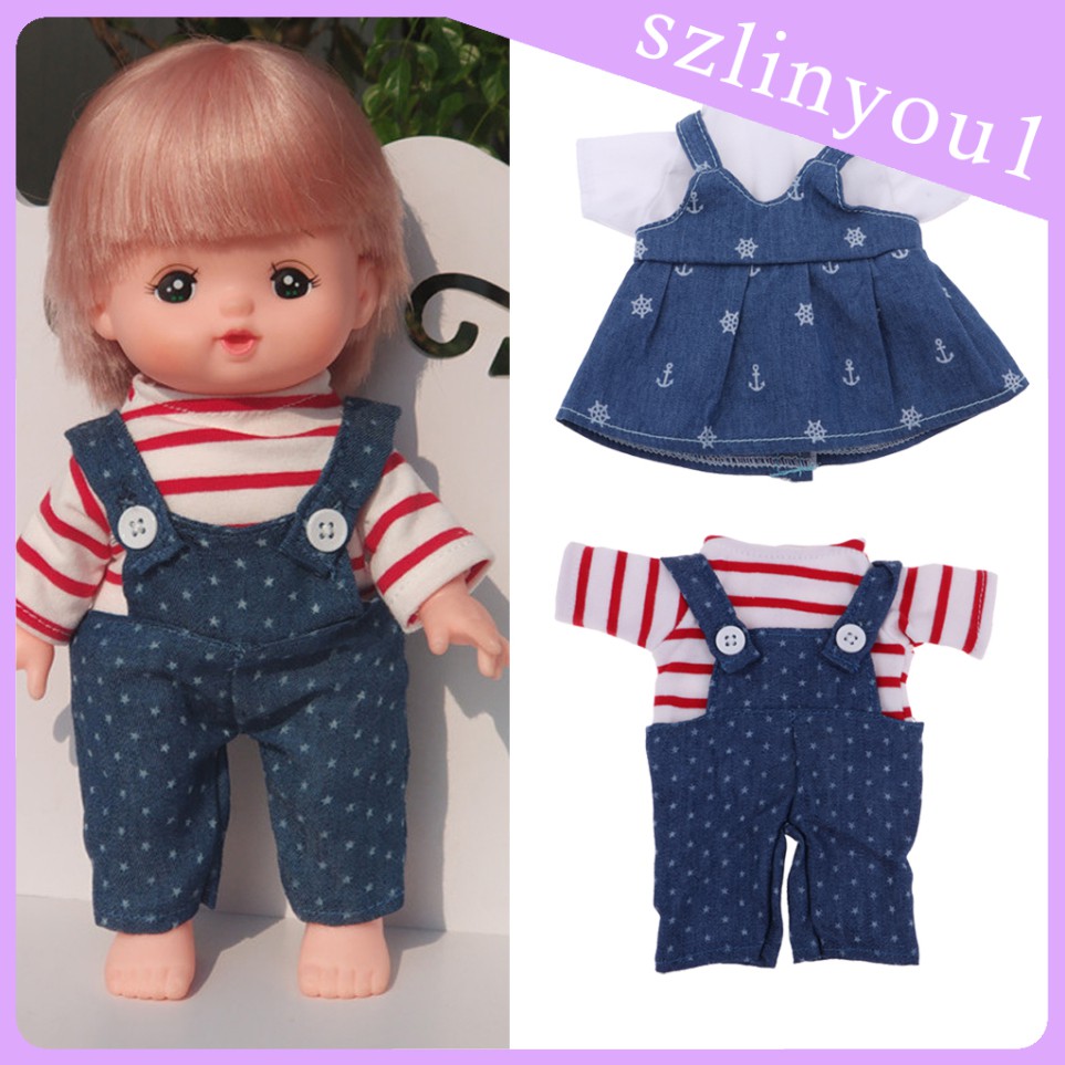 Set Đầm Yếm Denim Và Áo Thun Tay Ngắn Xinh Xắn Dành Cho Búp Bê 25cm