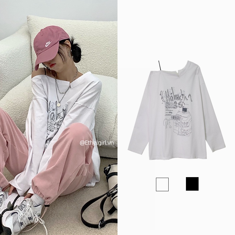 Ethelgirl Áo Thun Tay Dài Trễ Vai Họa Tiết Độc Đáo Phong Cách Cổ Điển Thời Trang Hàn Quốc Cho Nữ