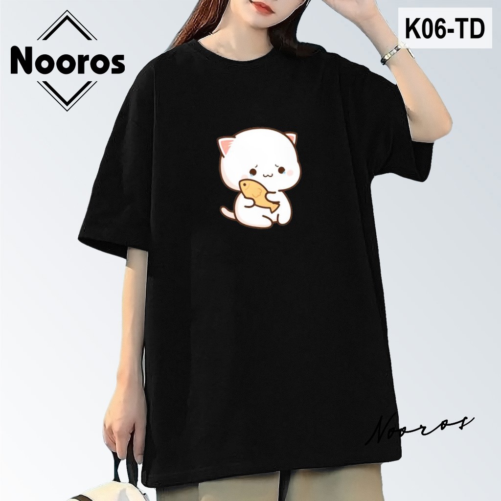 Áo thun in tay lỡ nam nữ phông cotton Nooros form rộng dáng Unisex - Ulzzang mặc cặp, nhóm, lớp hình MÈO ÔM CÁ - K06