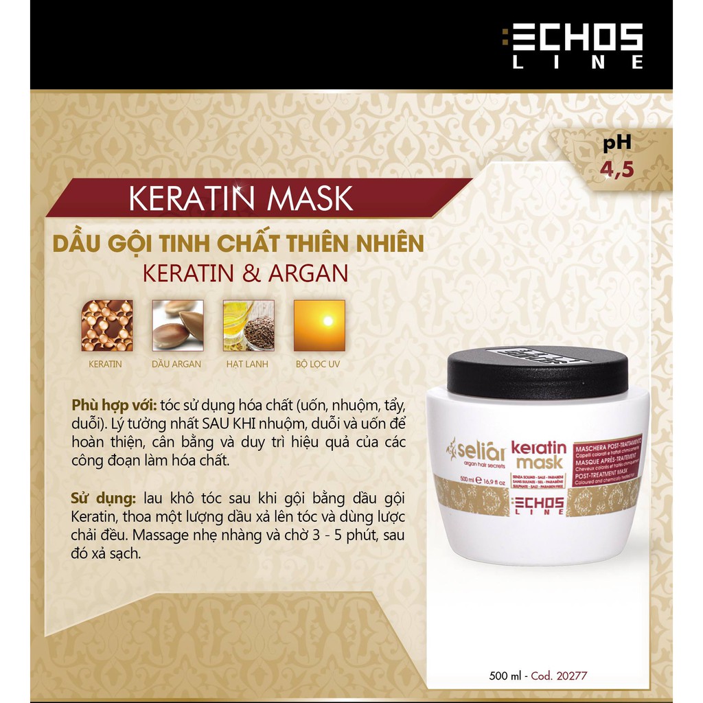 Mặt nạ phục hồi Echosline Keratin Mask nguyên chất 500ml