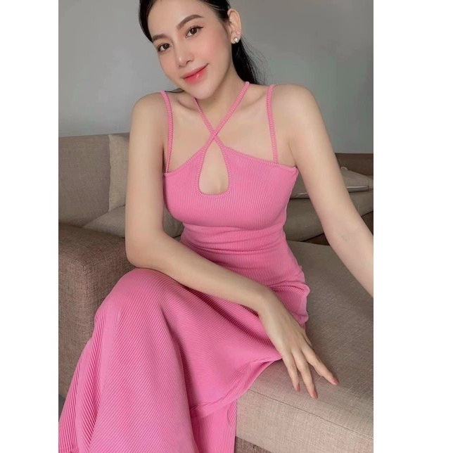 đầm yếm khoét chéo 4 dây sexy maxi chất thun gân th