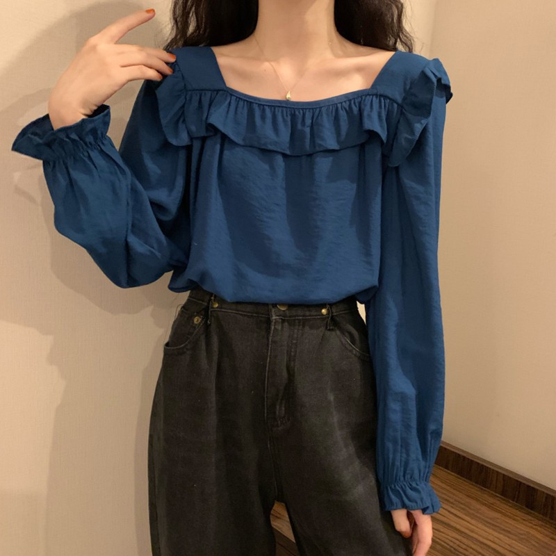 Áo Sơ Mi Dài Tay Cổ Vuông Xinh Xắn Dành Cho Nữ