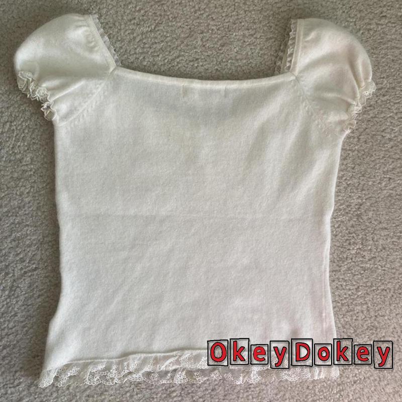 Áo croptop tay ngắn cổ chữ V viền ren phong cách cổ điển thời trang cho nữ