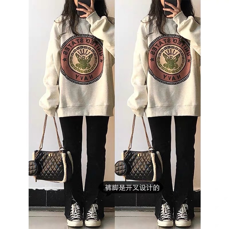 Áo Sweater Navy Tay Bồng  Nữ [FREESHIP]  Nỉ form rộng oversize màu ghi in hình cá tính Ulzzang