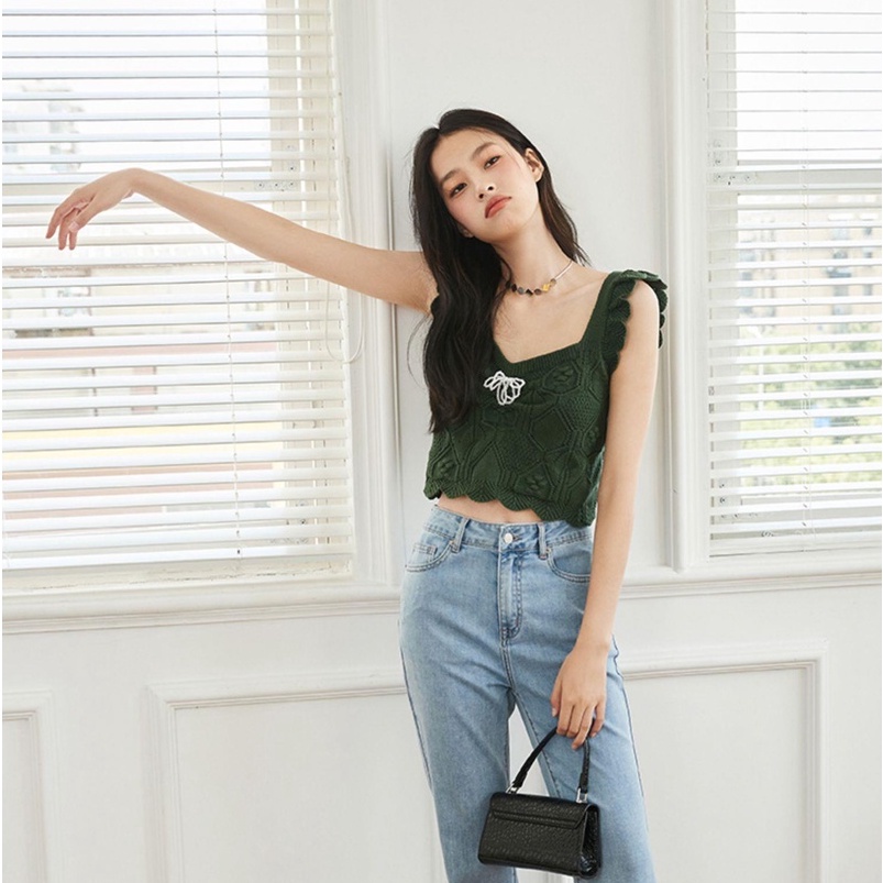 Áo Dệt Kim Hai Dây Cổ Chữ V Thắt Nơ Xinh Xắn Thời Trang