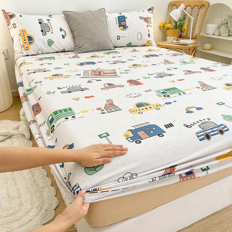 Sét Ga Gối 3 Món Hizun Cotton 100% Hoạ Tiết Ô Tô Nhỏ