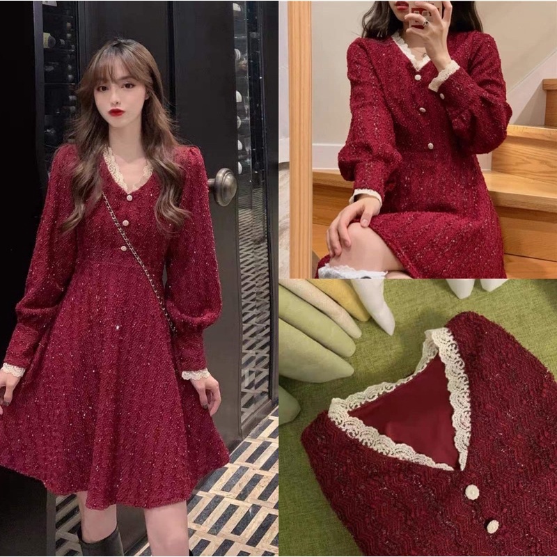 (Ảnh thật/Video) Đầm dạ Noel đỏ kim tuyến Ulzzang cổ V tay bồng cực xinh. Đầm noel Hải Tú lấp lánh phối đỏ sang chảnh -