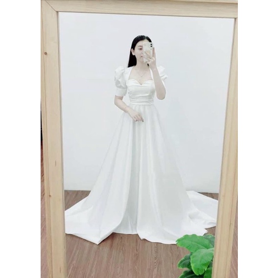 Đầm váy dạ hội cô dâu đi bàn sang trọng cổ chéo tim tay phồng