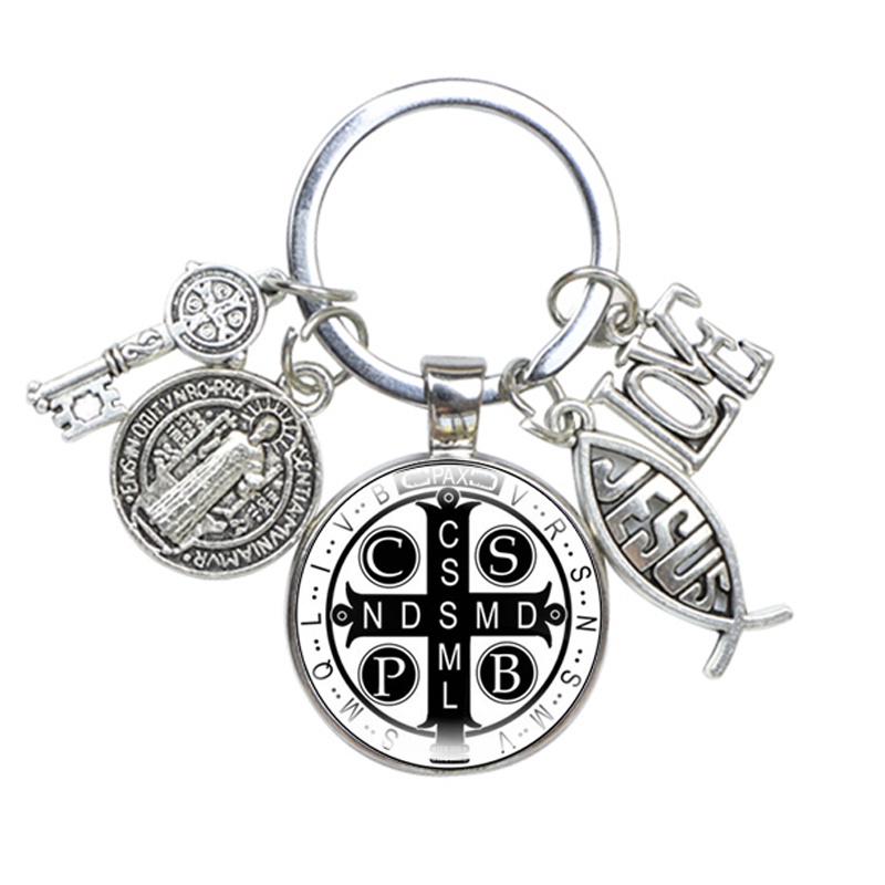 Saint Benedict Medallion Móc Chìa Khóa Thủ Công Mặt Kính In Hình Chúa JESUS Nghệ Thuật Làm Quà Tặng