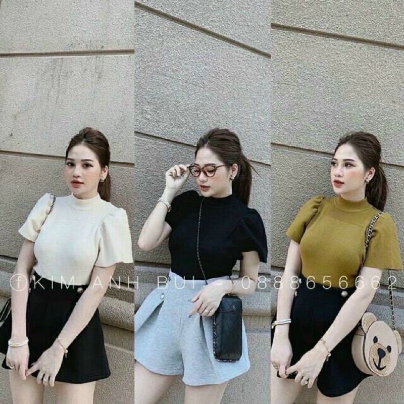 Áo len cổ 3 phân tay rúm bồng vai siêu điệu