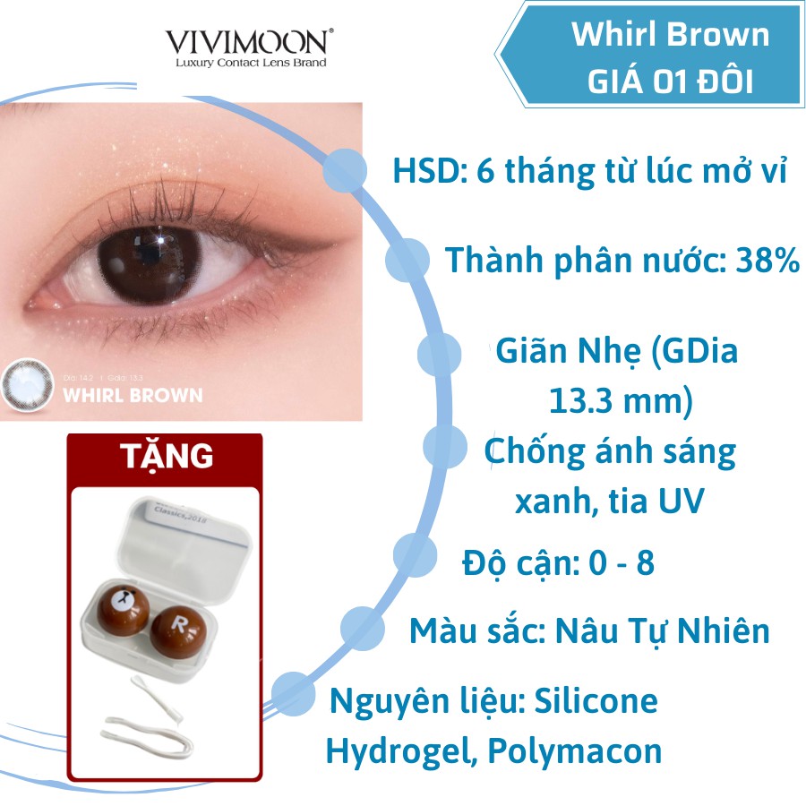 Bộ Kính Áp Tròng Cận Nâu Tự Nhiên Whirl Brown Và Nước Ngâm Lens Nhỏ Mắt Frenz B5