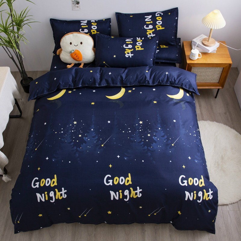 Trọn Bộ 4 Món Chăn Ga Gối Cotton Poly Nhập Mẫu MẶT TRĂNG GOODNIGHT Dành Cho Gia Đình Bạn( đủ kích thước)