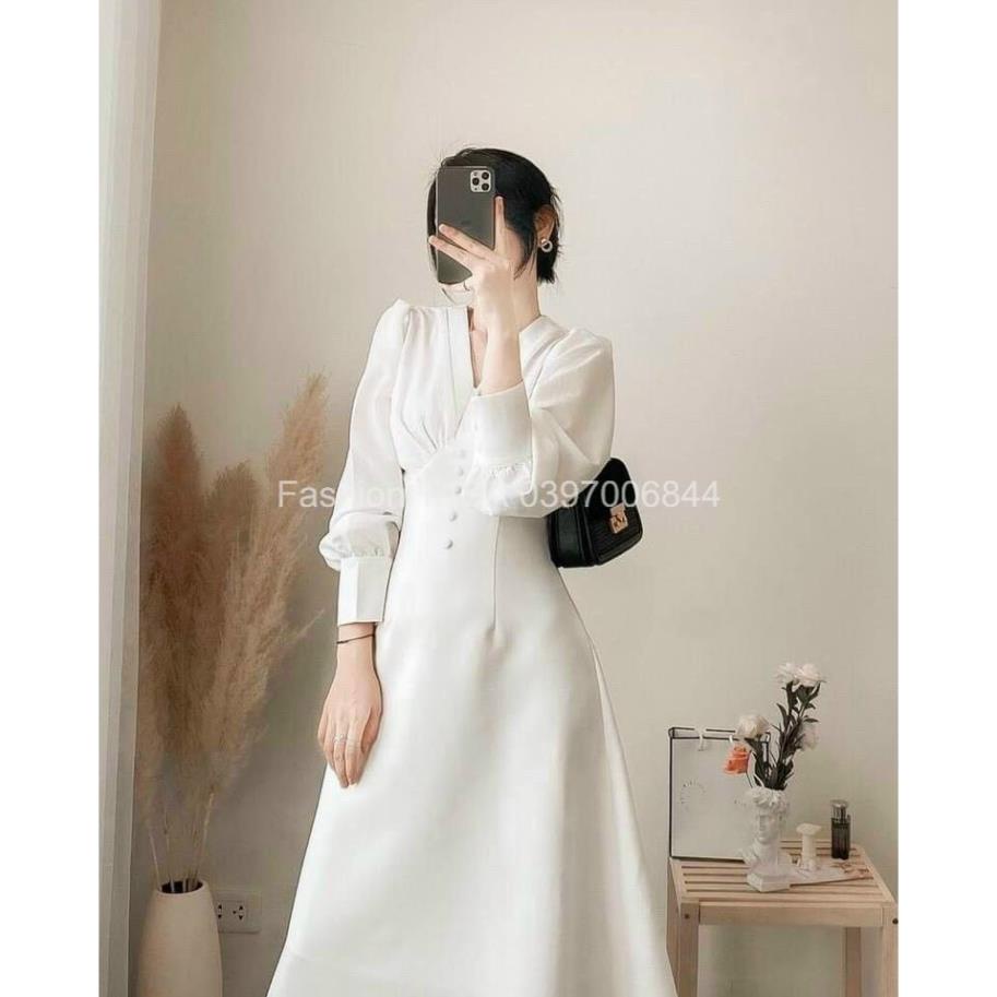 X2 váy cưới cô dâu dáng dài  Nữ Vintage đi biển Đầm trắng dự tiệc cổ v nút bọc tay dài phồng đi làm công sở