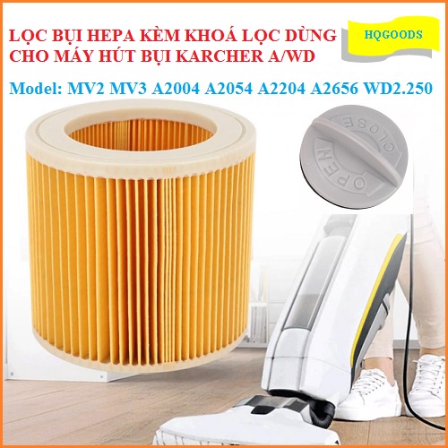 Combo 2 lọc bụi HEPA kèm khoá lọc dùng cho máy hút bụi dòng KARCHER A/WD WD2 WD3 MV2 MV3 A2004 A2054