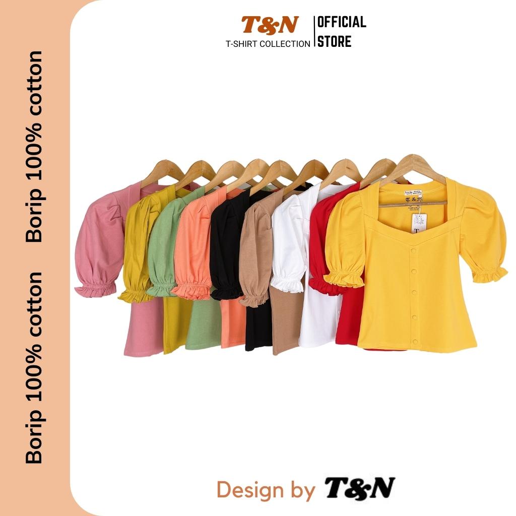 Áo thun borip nữ cổ vuông tay phồng ôm body T&amp;N TSHIRT COLLECTION, chất borip cotton 100% co dãn, thoáng mát A04563
