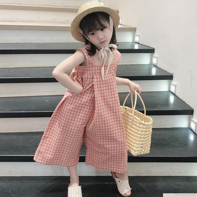 Bộ áo liền quần mùa hè in họa tiết caro phong cách Hàn Quốc dễ thương cho bé gái