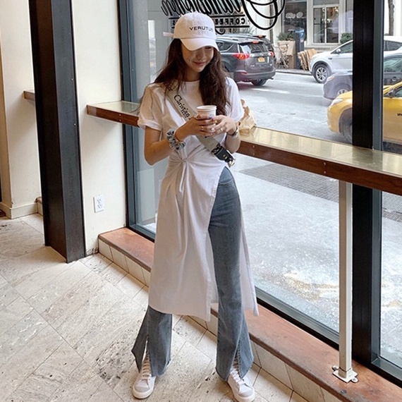 Áo Thun Tay Ngắn Dáng Dài Xẻ Tà Màu Trơn Thiết Kế Độc Đáo Thời Trang